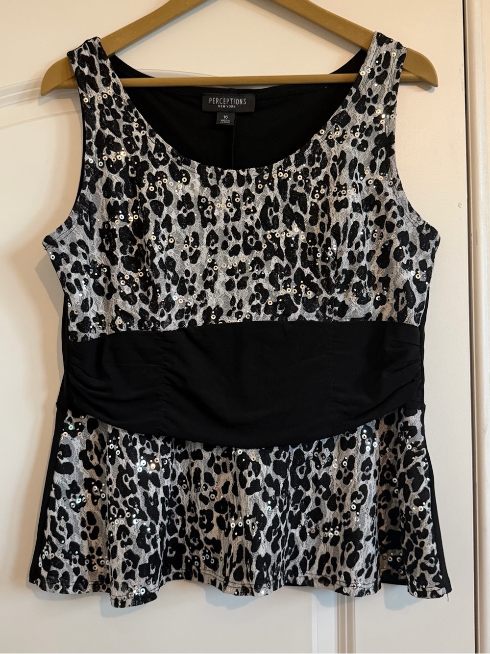 Perceptions Black and Silver Leopard Sequin Peplum Top